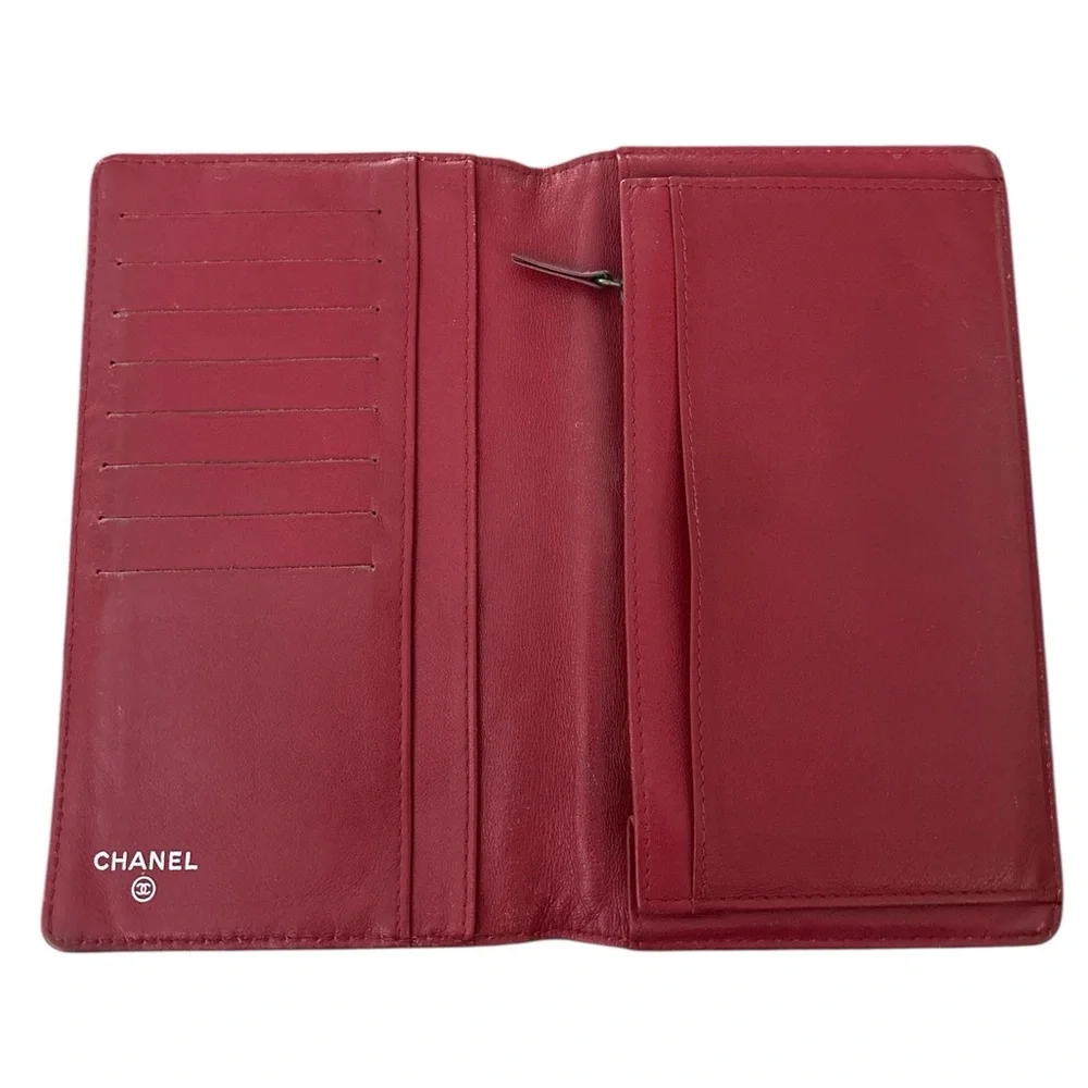 CHANEL Red Quilted Patent Leather Wallet with Silver CC Logo
